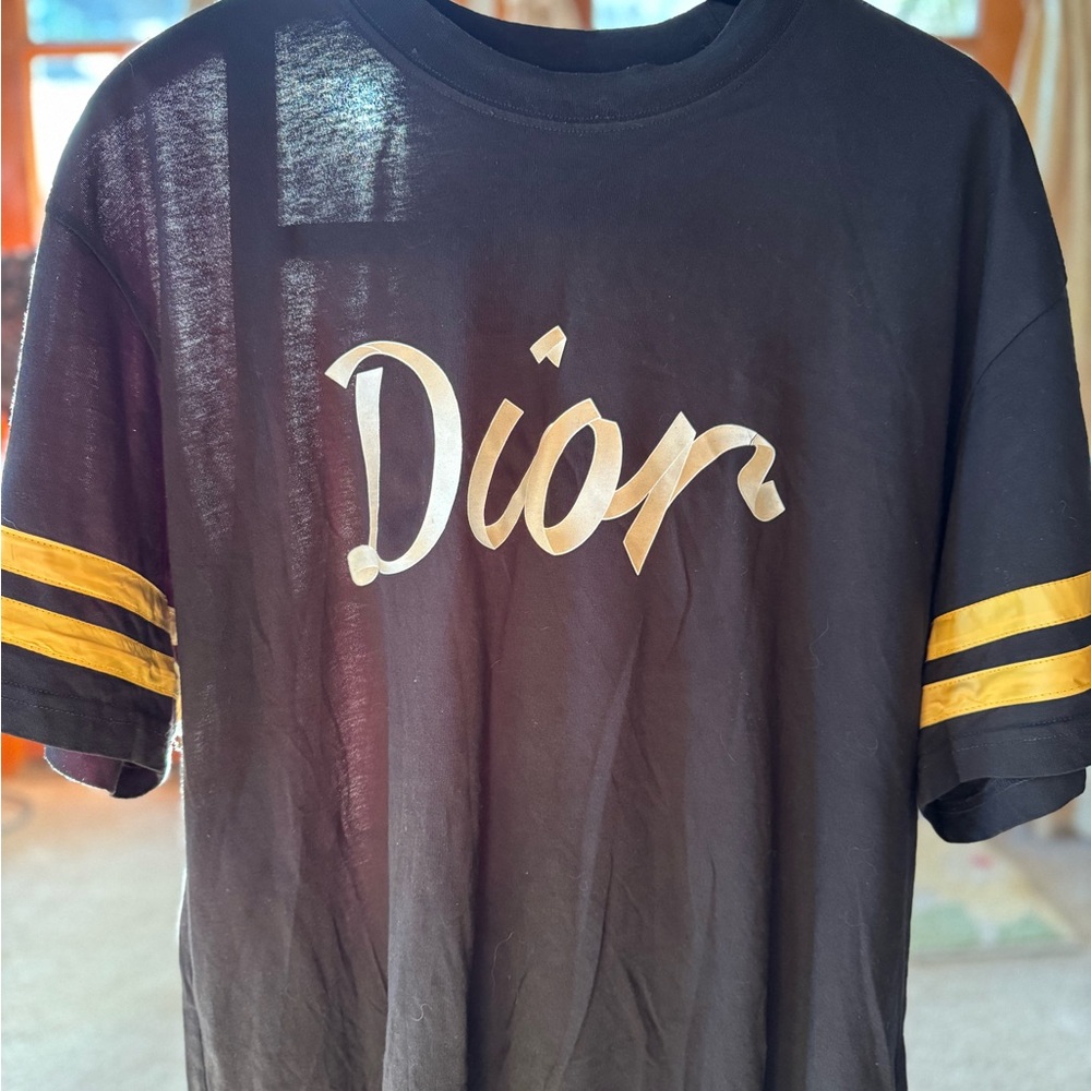 Dior Ribbon Varsity Black Tee with Yellow Stripes Men’s Size XXL - Picture 2 of 8